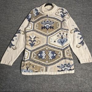 Vintage County‎ Seat Sweater Womens Medium Cream Mock Neck Tunic Jacquard 90s